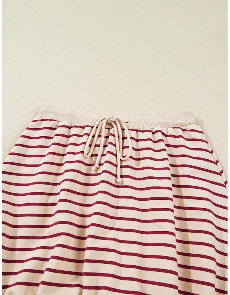 Red Stripe Cropped Collared Drop Shoulder Pullover and Bubble Mini Skirt Set
