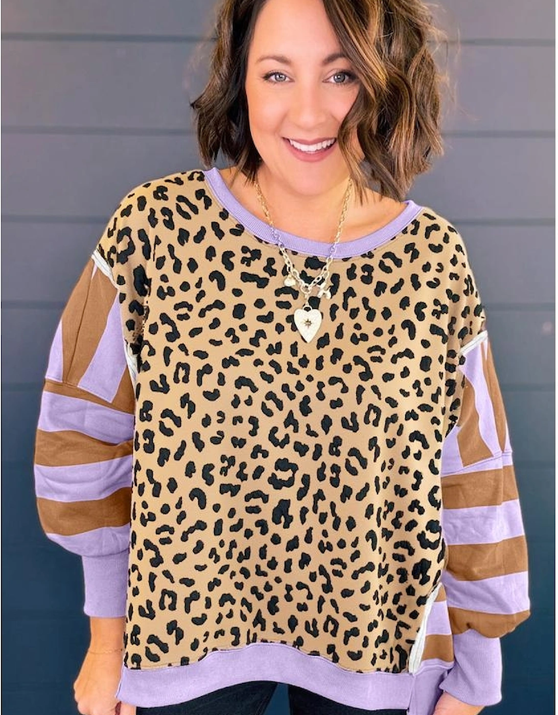 Purple Leopard Striped Patchwork Plus Size Loose Sweatshirt