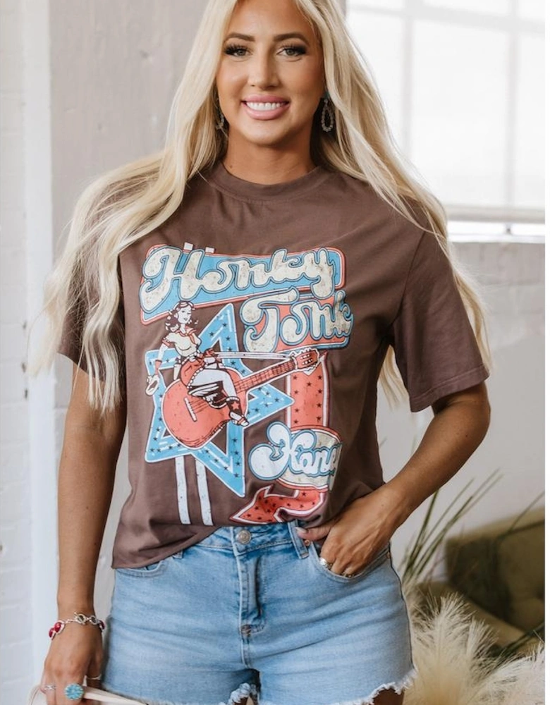 Chicory Coffee Honky Tonk Honey Graphic Crew Neck Western Fashion Tee
