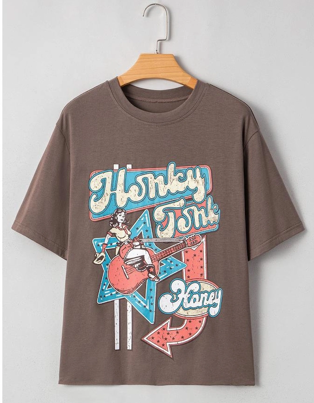 Chicory Coffee Honky Tonk Honey Graphic Crew Neck Western Fashion Tee