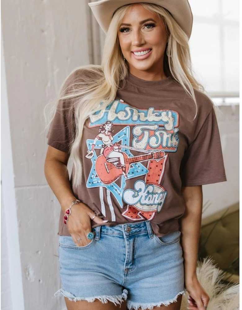 Chicory Coffee Honky Tonk Honey Graphic Crew Neck Western Fashion Tee