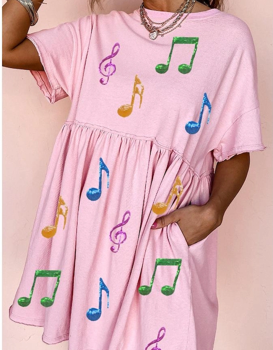 Light Pink Sequined Note Pattern Raw Edge Music Festival Babydoll T-shirt Dress