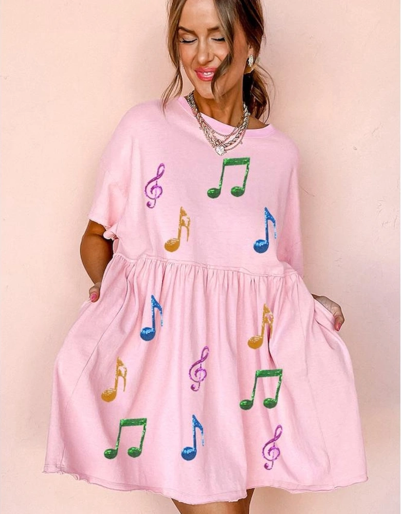 Light Pink Sequined Note Pattern Raw Edge Music Festival Babydoll T-shirt Dress