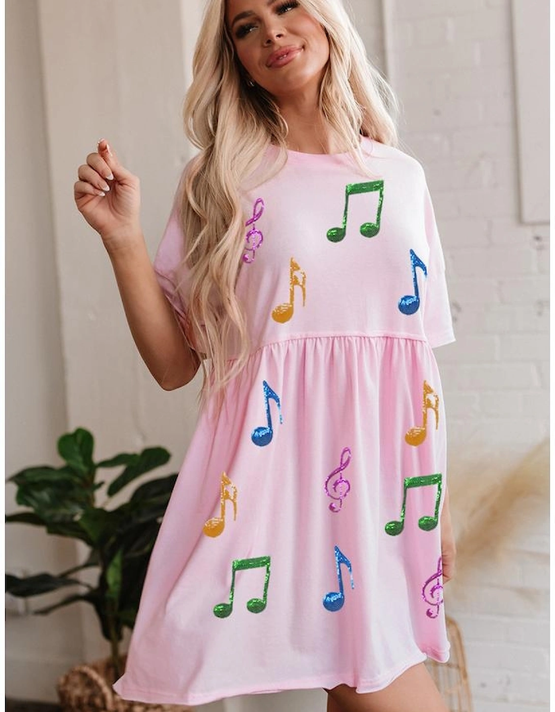 Light Pink Sequined Note Pattern Raw Edge Music Festival Babydoll T-shirt Dress