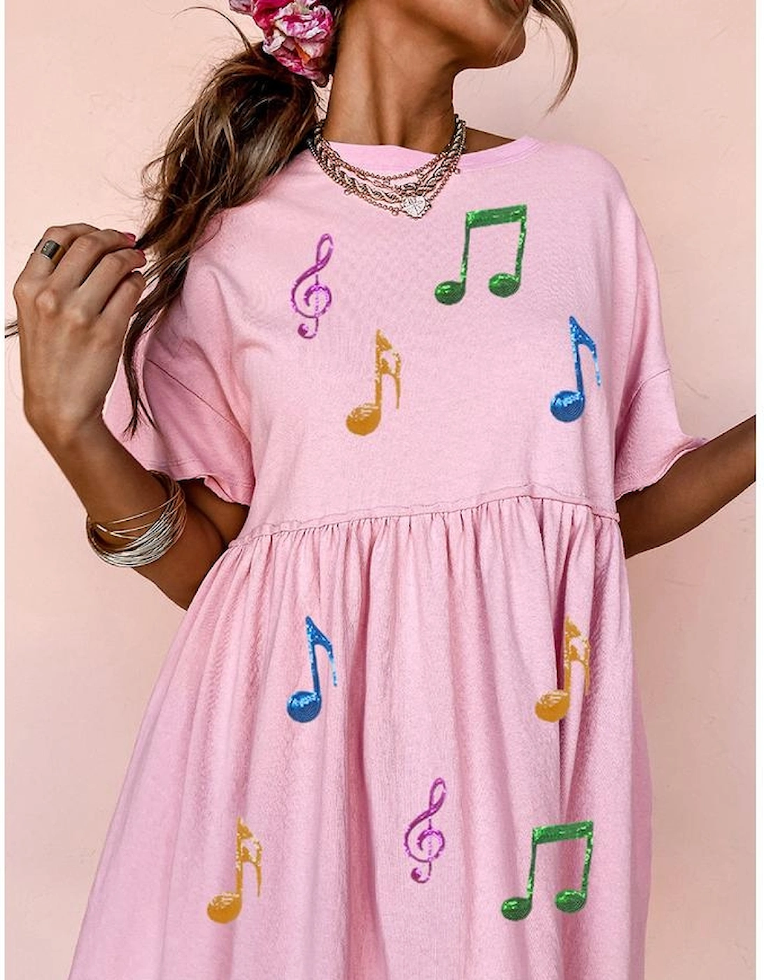 Light Pink Sequined Note Pattern Raw Edge Music Festival Babydoll T-shirt Dress, 9 of 8