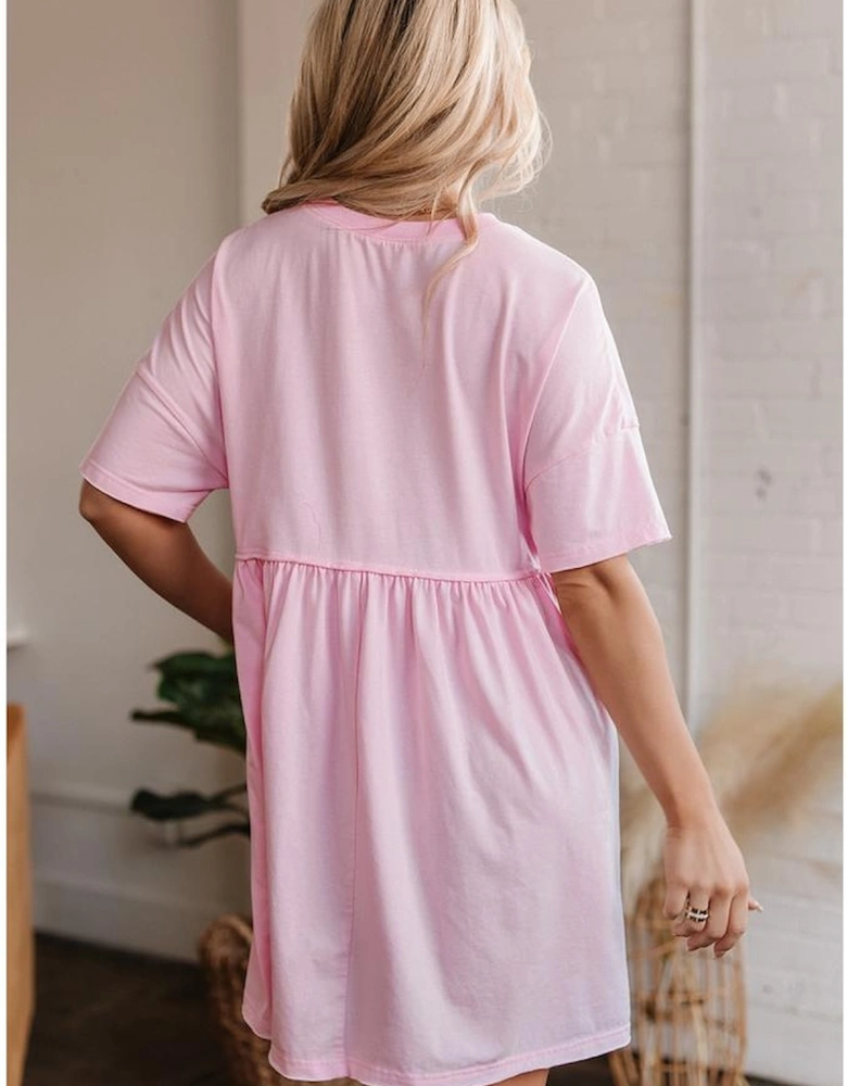 Light Pink Sequined Note Pattern Raw Edge Music Festival Babydoll T-shirt Dress