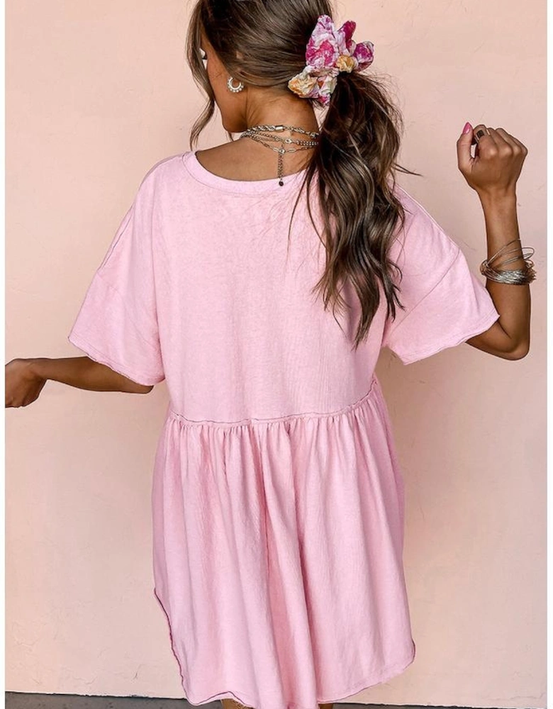 Light Pink Sequined Note Pattern Raw Edge Music Festival Babydoll T-shirt Dress