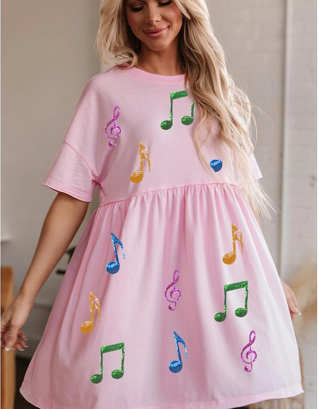 Light Pink Sequined Note Pattern Raw Edge Music Festival Babydoll T-shirt Dress