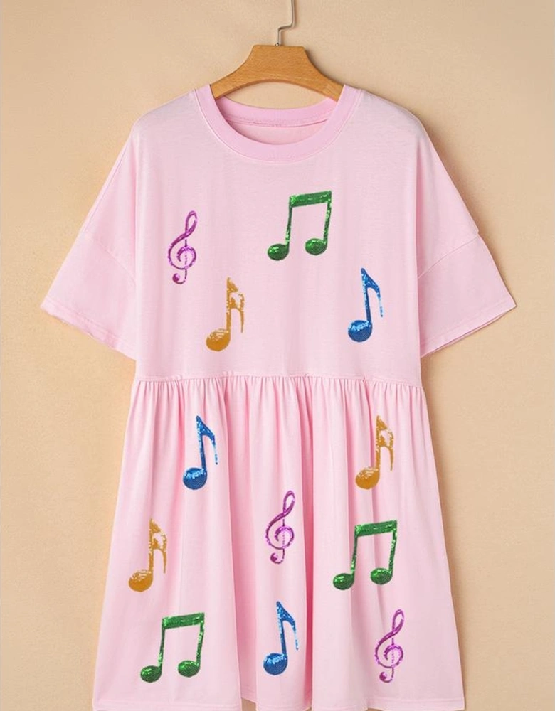 Light Pink Sequined Note Pattern Raw Edge Music Festival Babydoll T-shirt Dress
