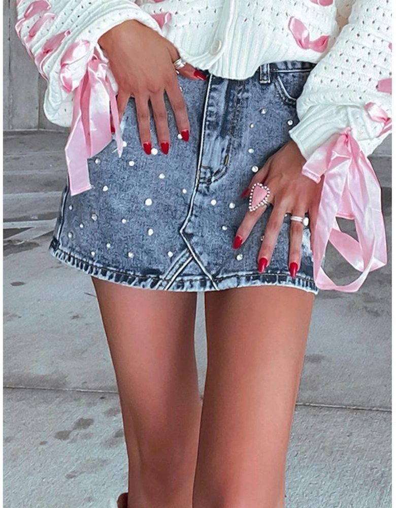 Dusk Blue Rhinestone Distressed Denim High Waist Mini Skirt