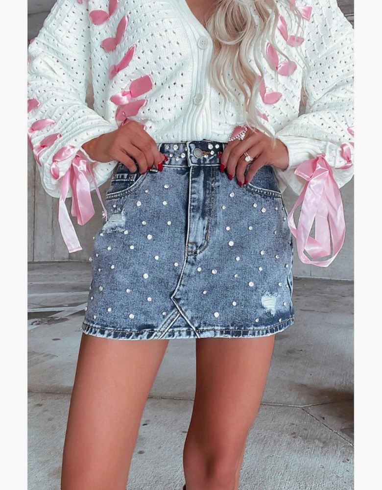 Dusk Blue Rhinestone Distressed Denim High Waist Mini Skirt