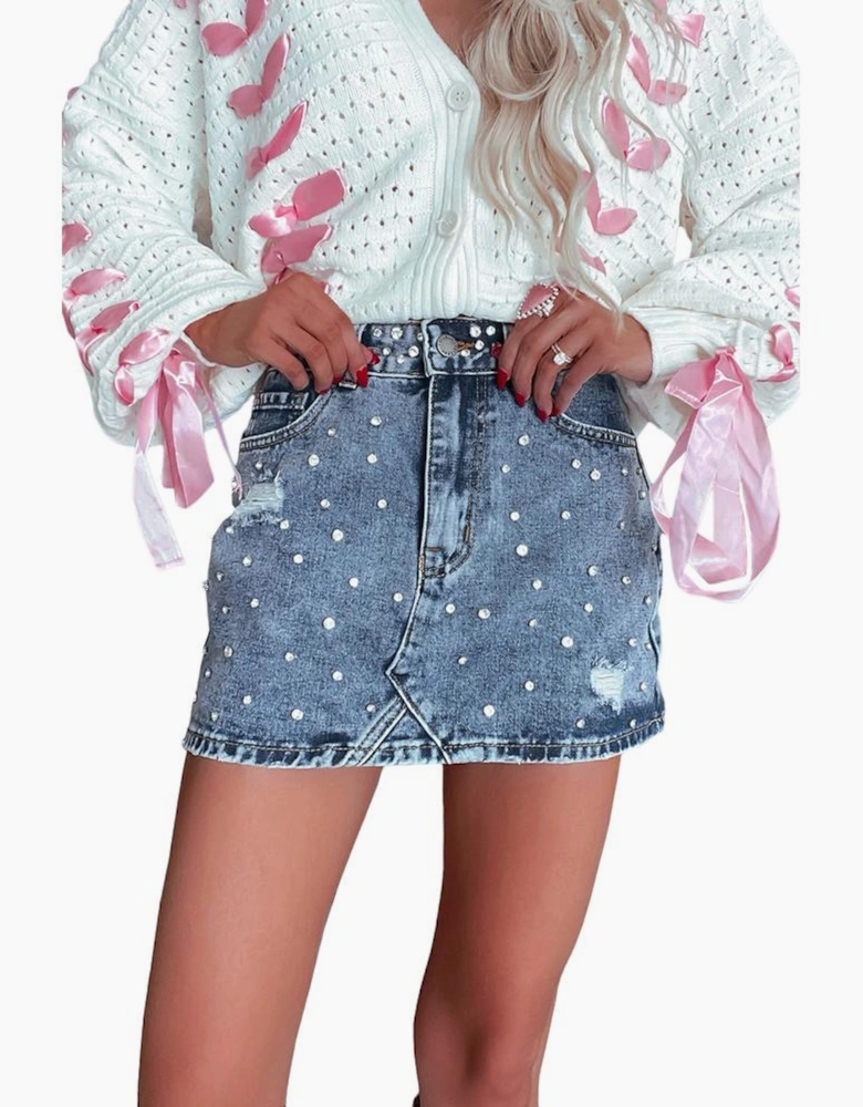 Dusk Blue Rhinestone Distressed Denim High Waist Mini Skirt
