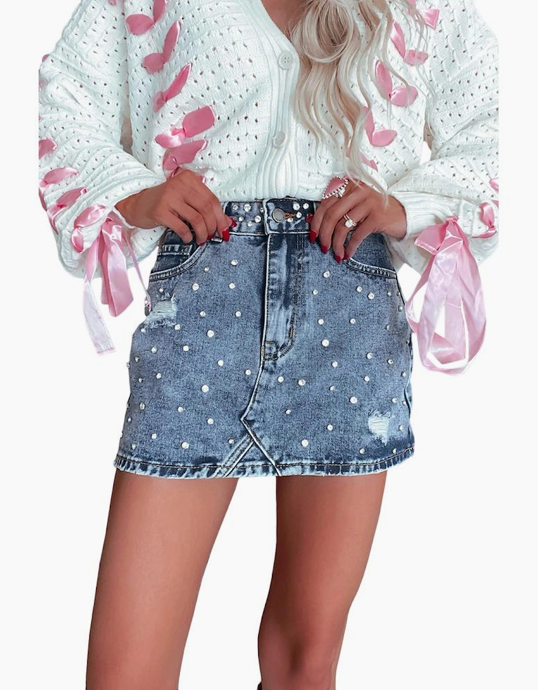Dusk Blue Rhinestone Distressed Denim High Waist Mini Skirt