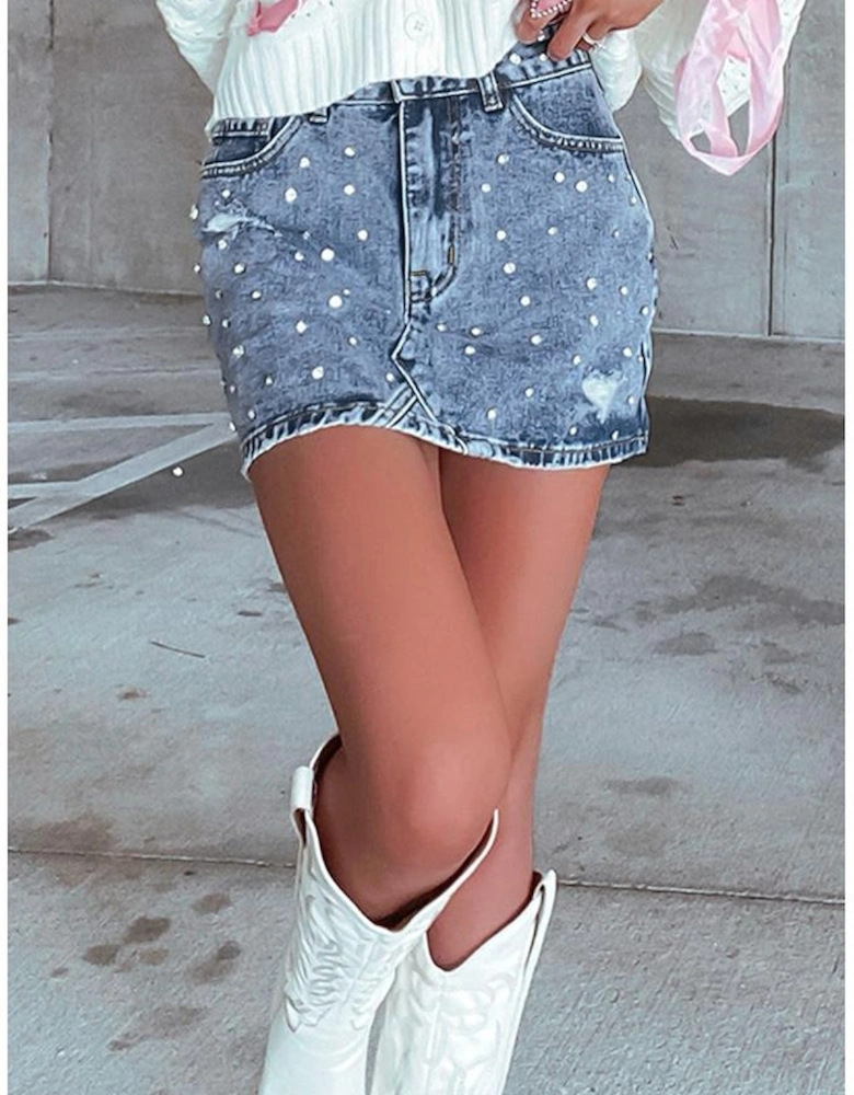 Dusk Blue Rhinestone Distressed Denim High Waist Mini Skirt