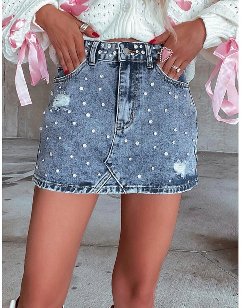 Dusk Blue Rhinestone Distressed Denim High Waist Mini Skirt