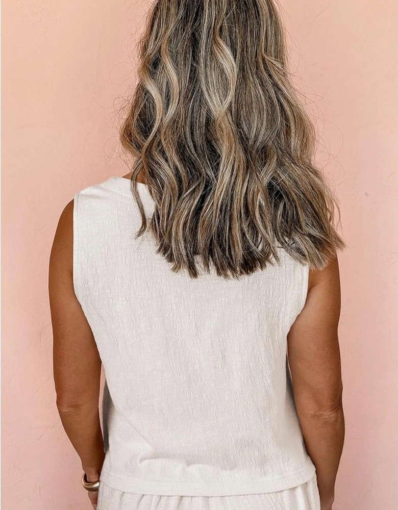 Apricot Buttoned V Neck Tank Top and Wide Leg Pants Casual Outfit