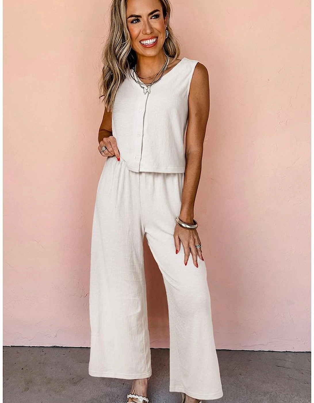 Apricot Buttoned V Neck Tank Top and Wide Leg Pants Casual Outfit