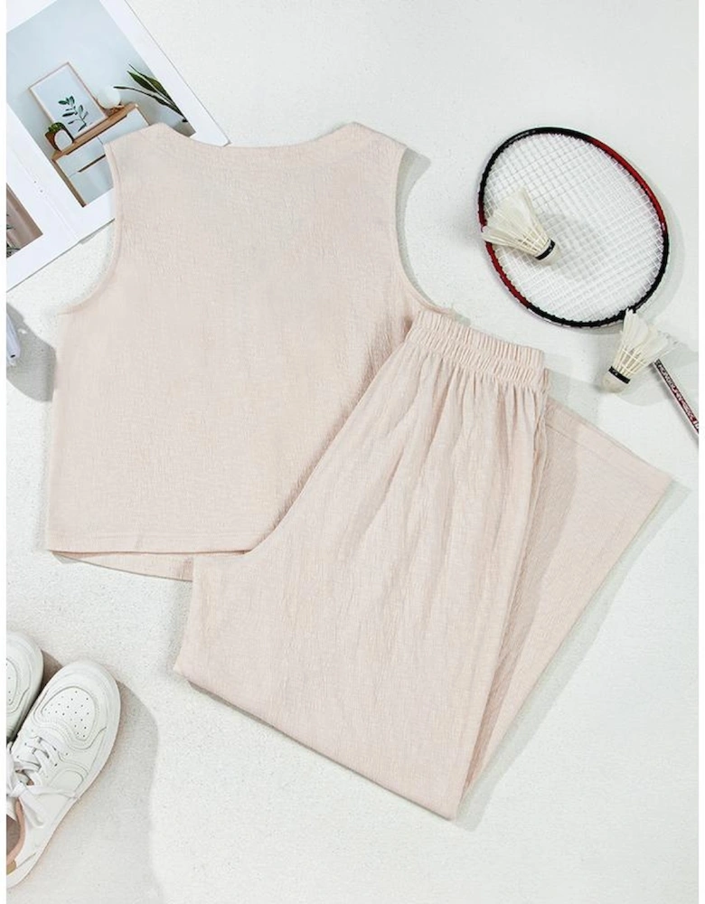 Apricot Buttoned V Neck Tank Top and Wide Leg Pants Casual Outfit