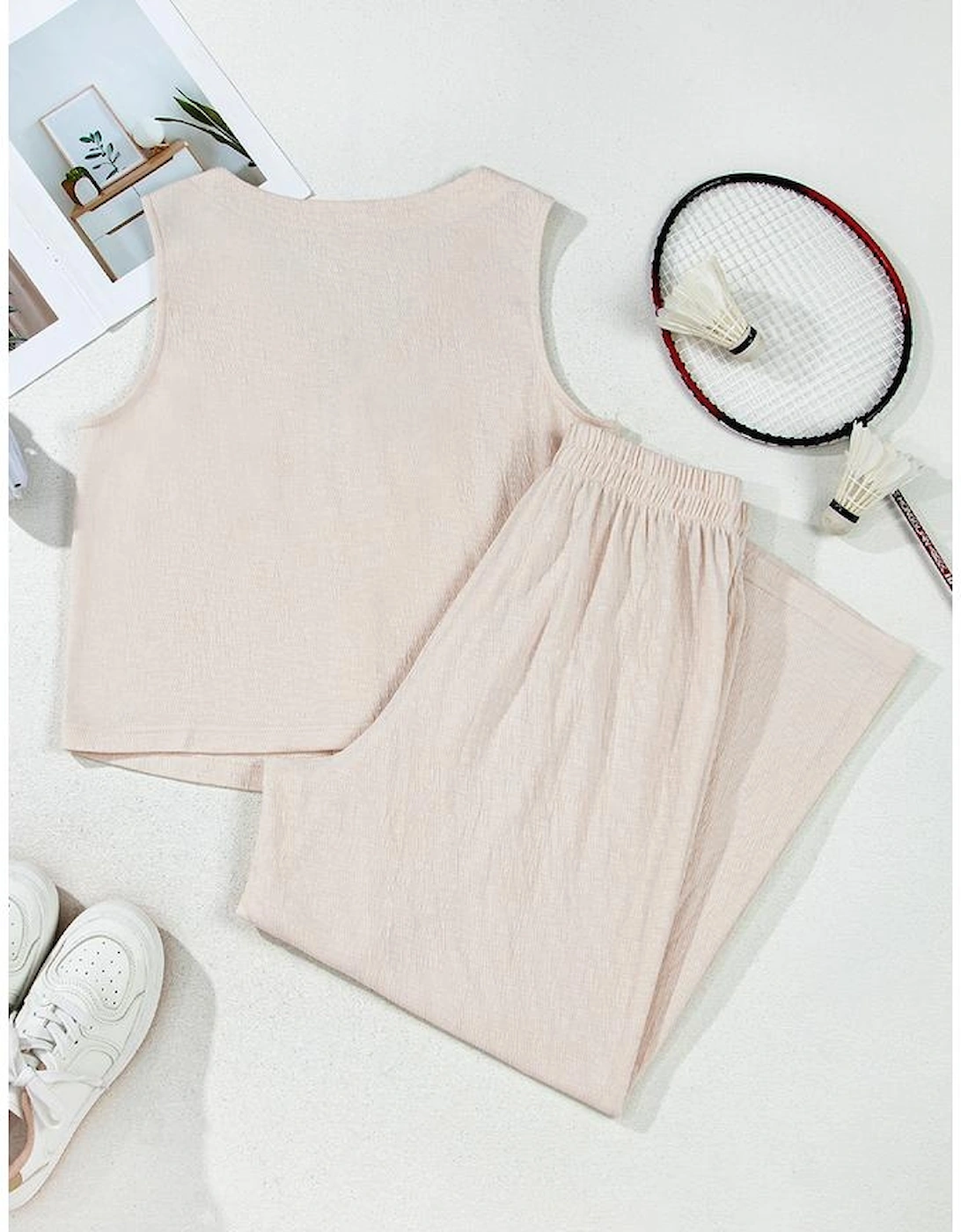 Apricot Buttoned V Neck Tank Top and Wide Leg Pants Casual Outfit