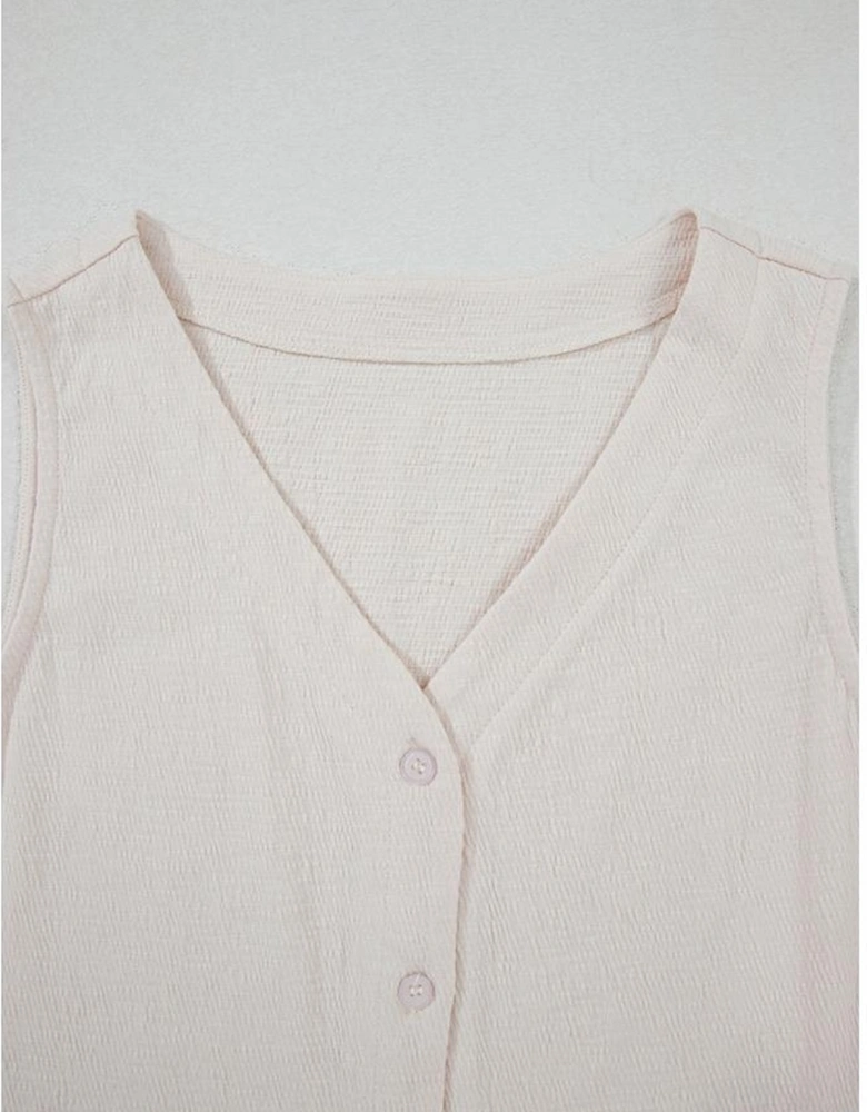 Apricot Buttoned V Neck Tank Top and Wide Leg Pants Casual Outfit