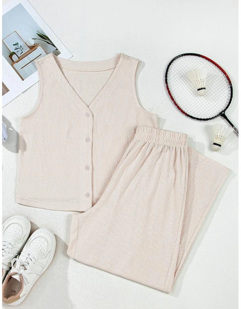 Apricot Buttoned V Neck Tank Top and Wide Leg Pants Casual Outfit