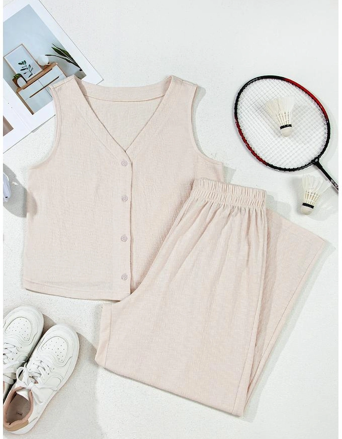 Apricot Buttoned V Neck Tank Top and Wide Leg Pants Casual Outfit