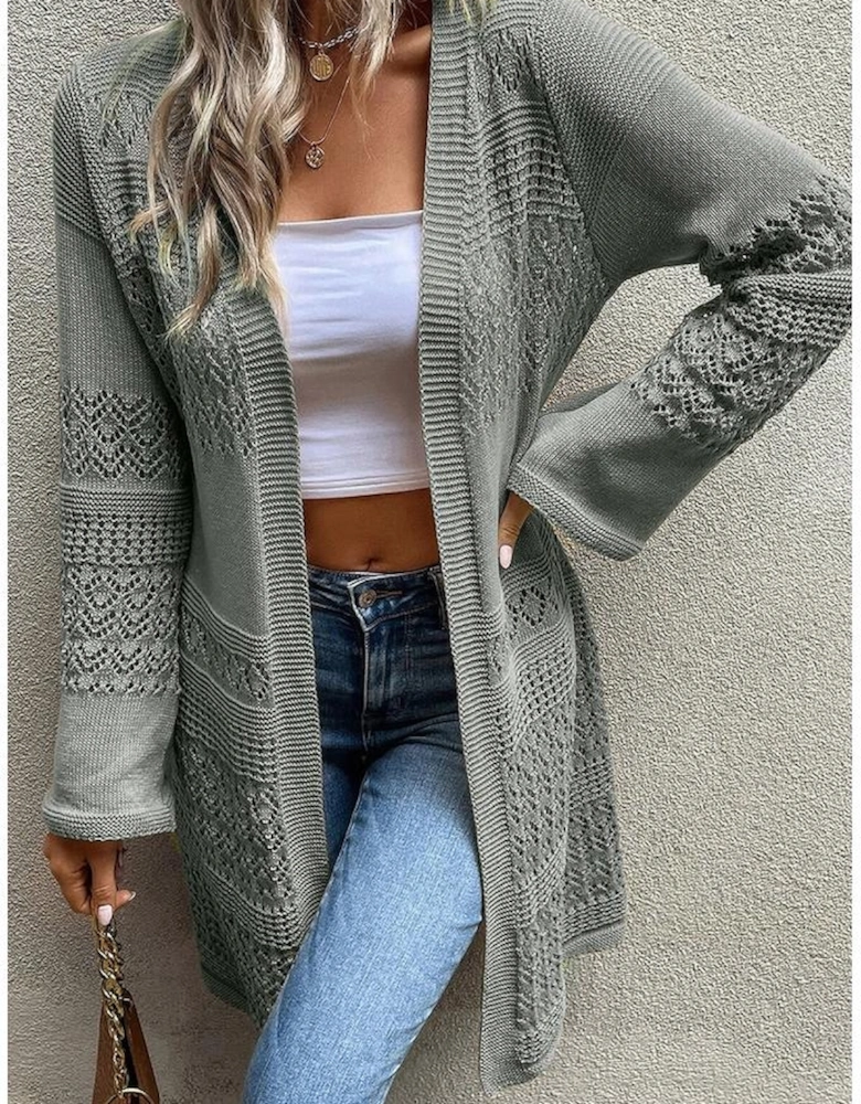 Gray Pointelle Knit Open Front Cardigan