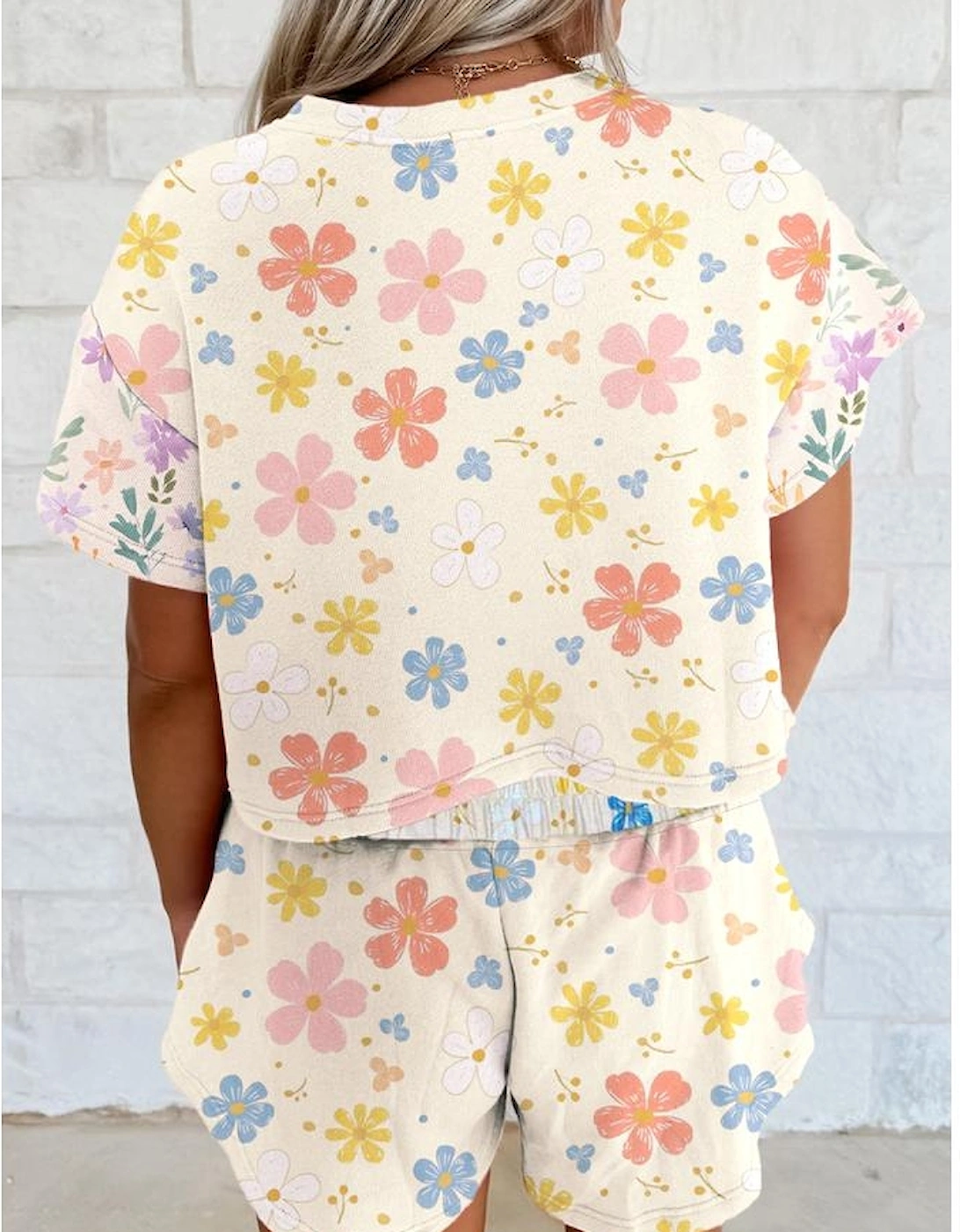 Apricot Floral Print Crop Top Wide Leg Short Set