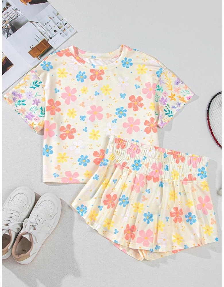 Apricot Floral Print Crop Top Wide Leg Short Set