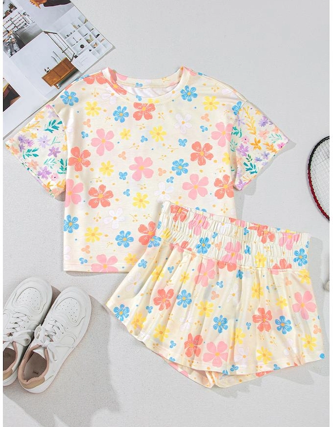 Apricot Floral Print Crop Top Wide Leg Short Set