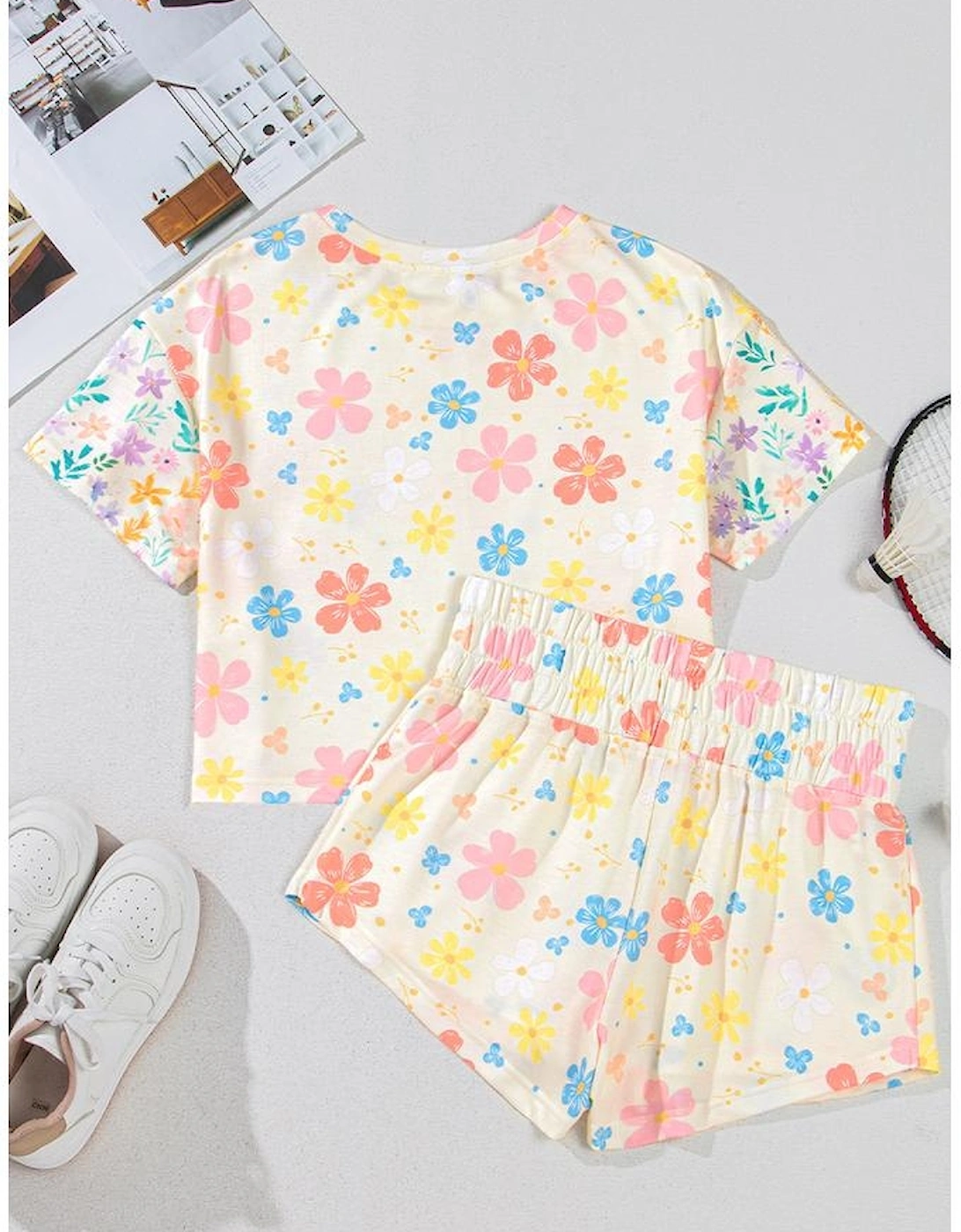 Apricot Floral Print Crop Top Wide Leg Short Set