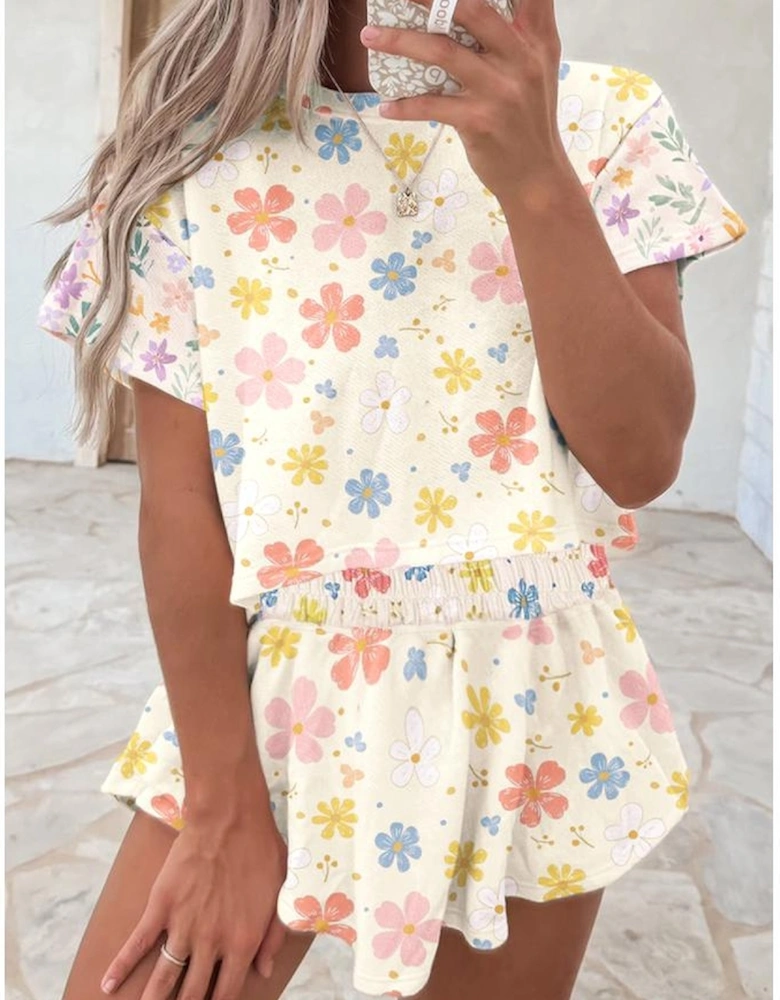 Apricot Floral Print Crop Top Wide Leg Short Set