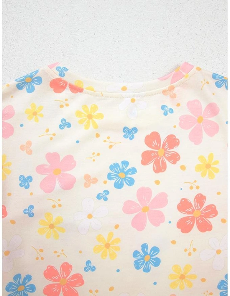 Apricot Floral Print Crop Top Wide Leg Short Set