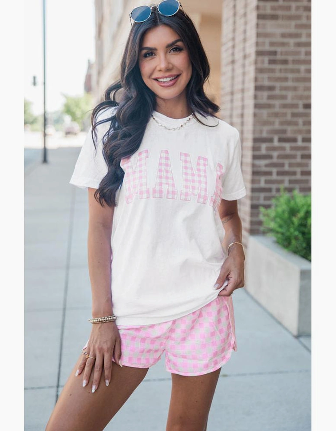 White MAMA Printed Tee and Plaid Shorts Lounge Set