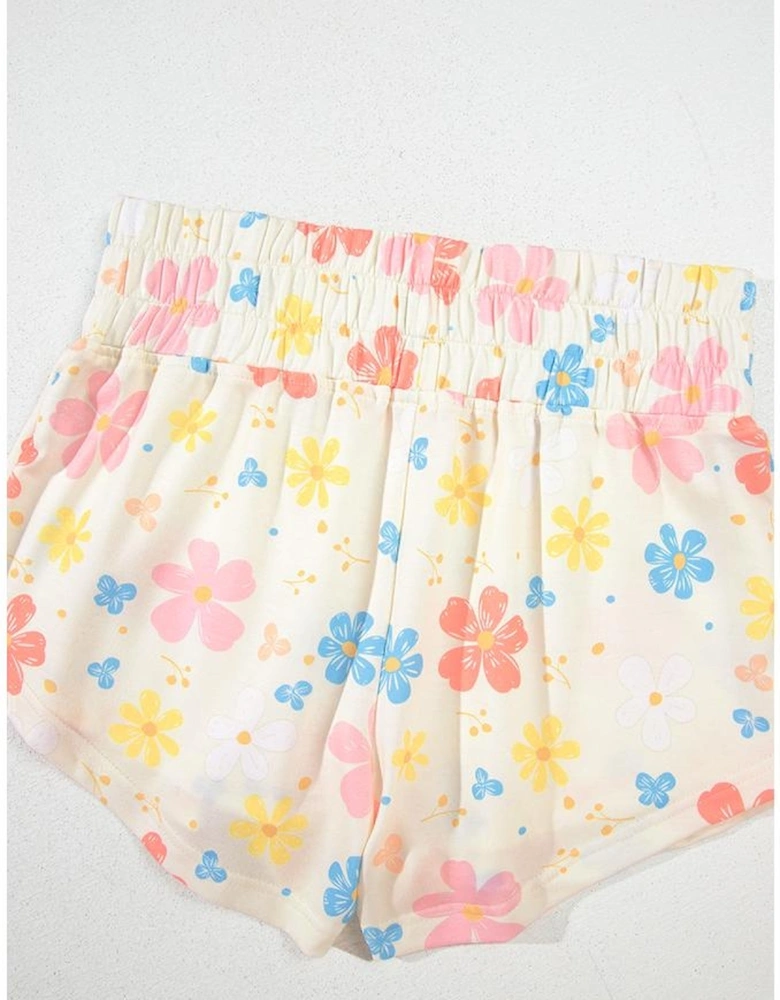 Apricot Floral Print Crop Top Wide Leg Short Set