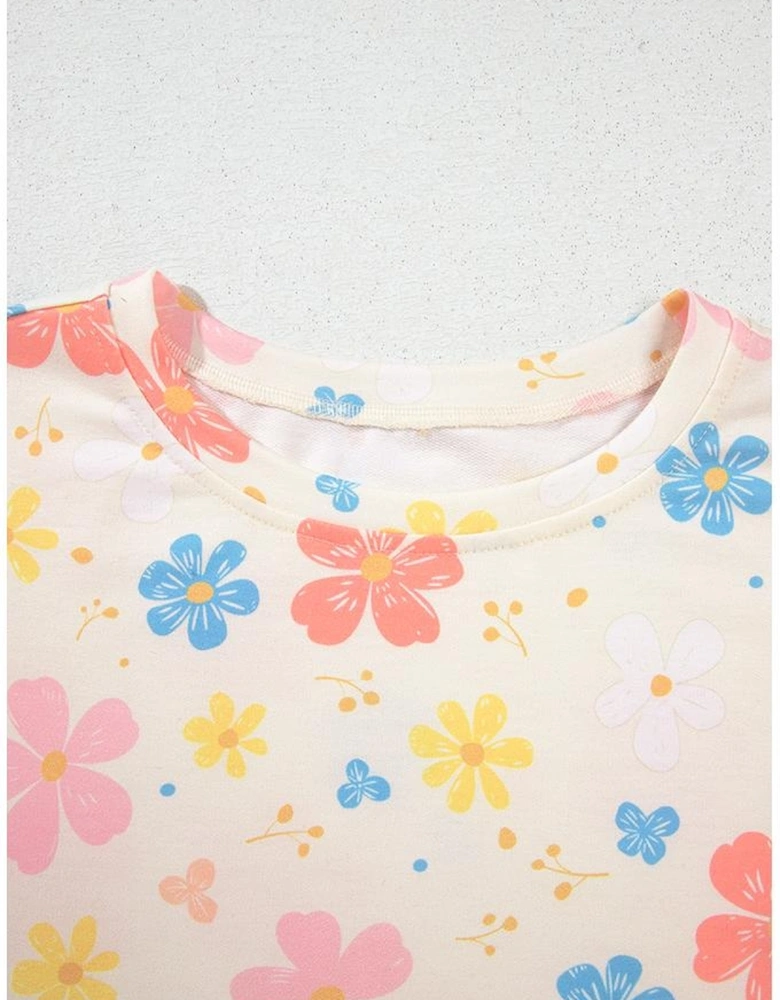 Apricot Floral Print Crop Top Wide Leg Short Set