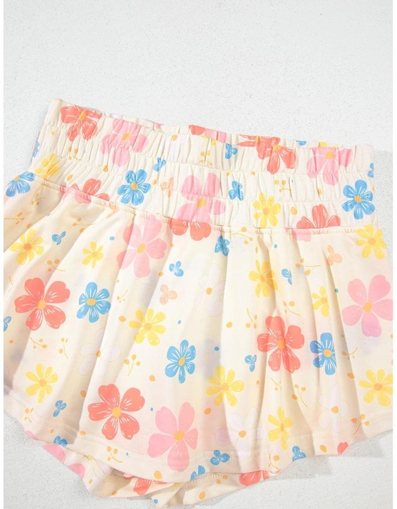 Apricot Floral Print Crop Top Wide Leg Short Set