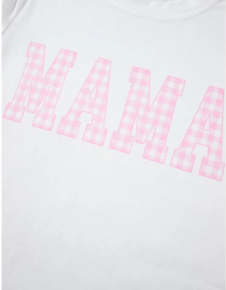 White MAMA Printed Tee and Plaid Shorts Lounge Set