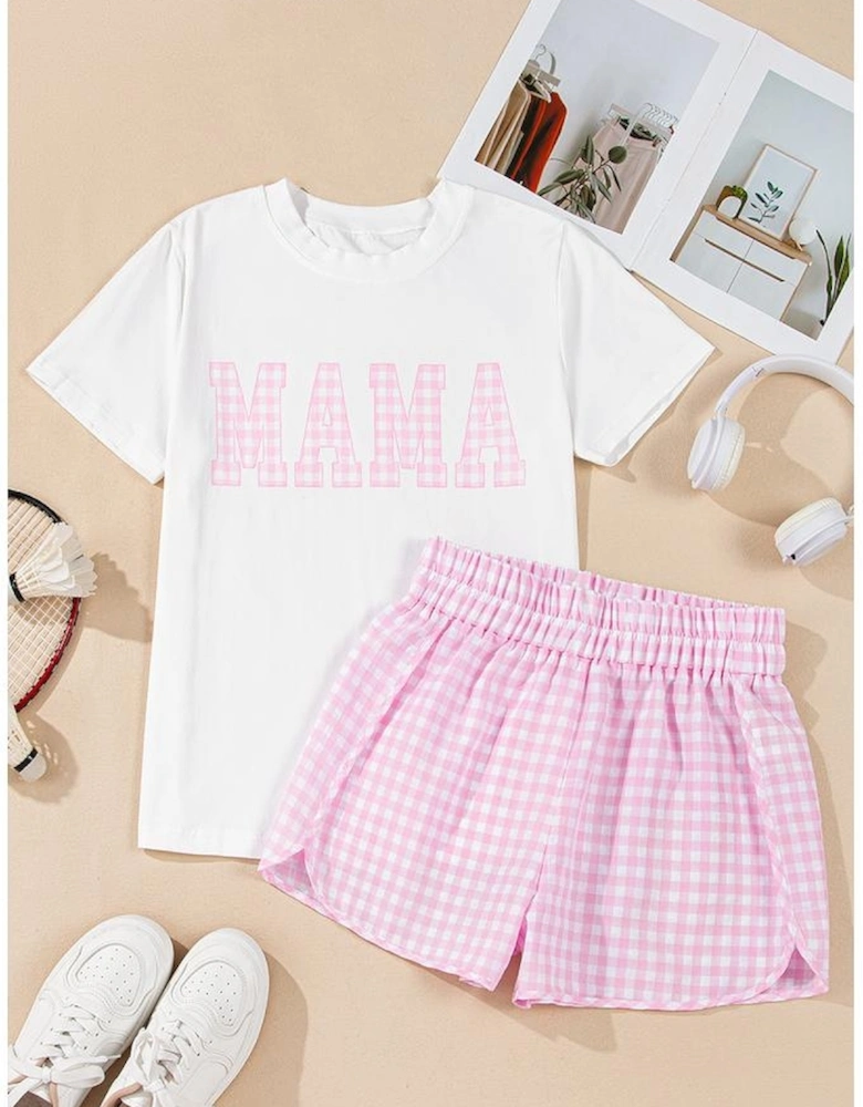 White MAMA Printed Tee and Plaid Shorts Lounge Set