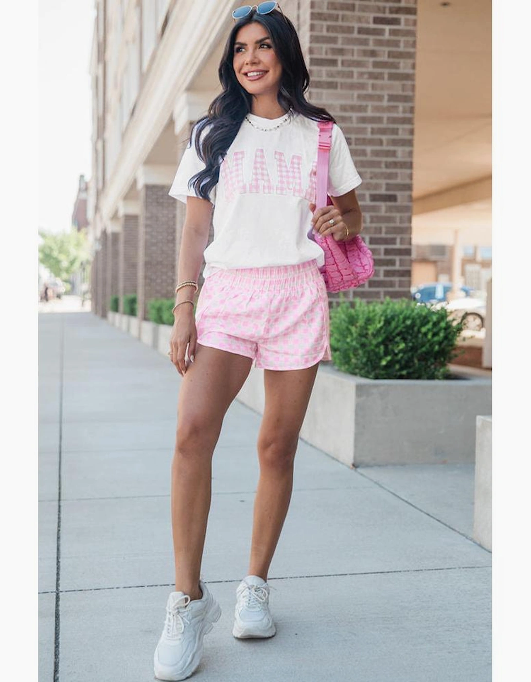 White MAMA Printed Tee and Plaid Shorts Lounge Set
