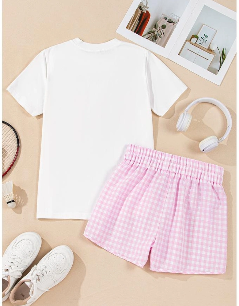 White MAMA Printed Tee and Plaid Shorts Lounge Set