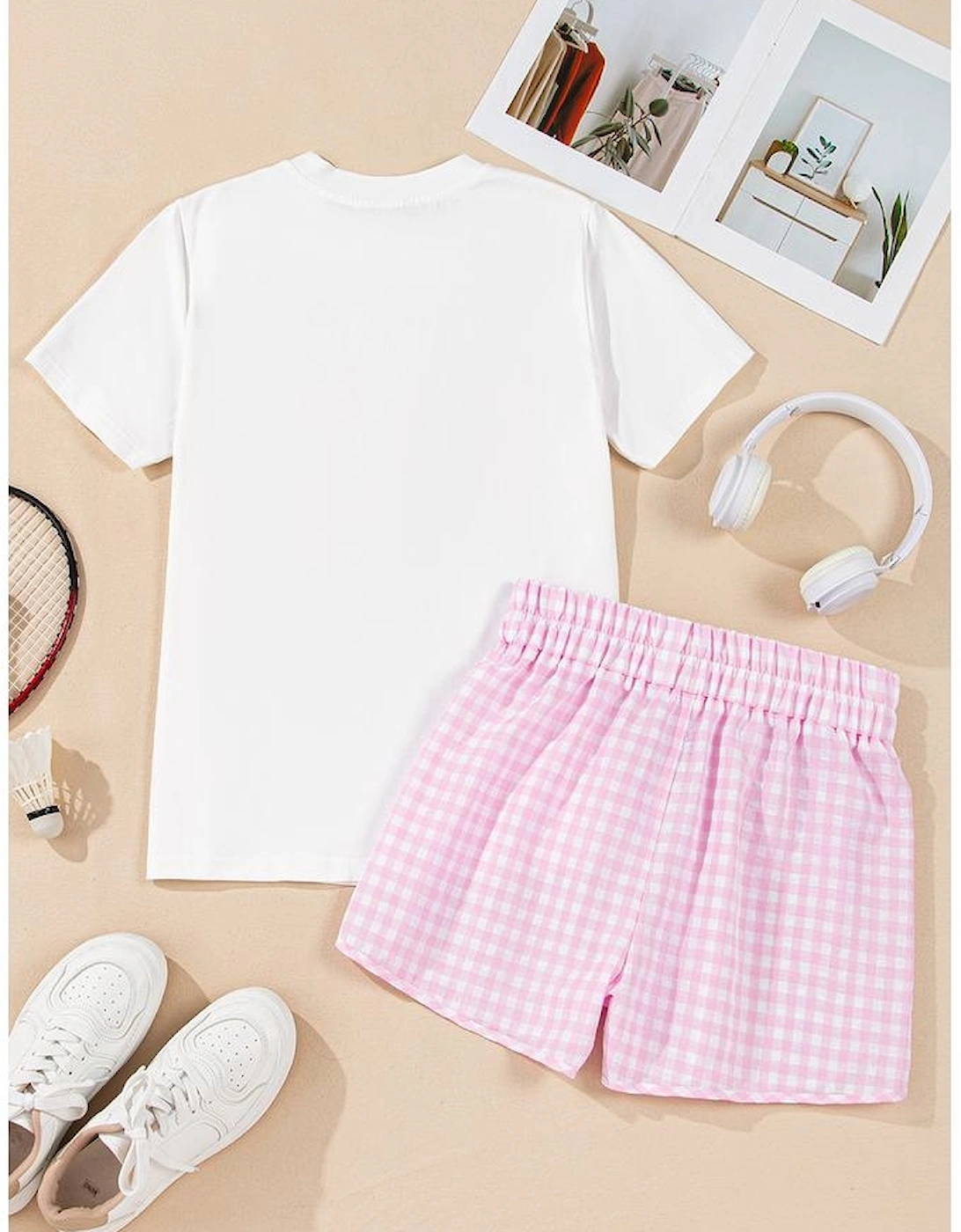 White MAMA Printed Tee and Plaid Shorts Lounge Set