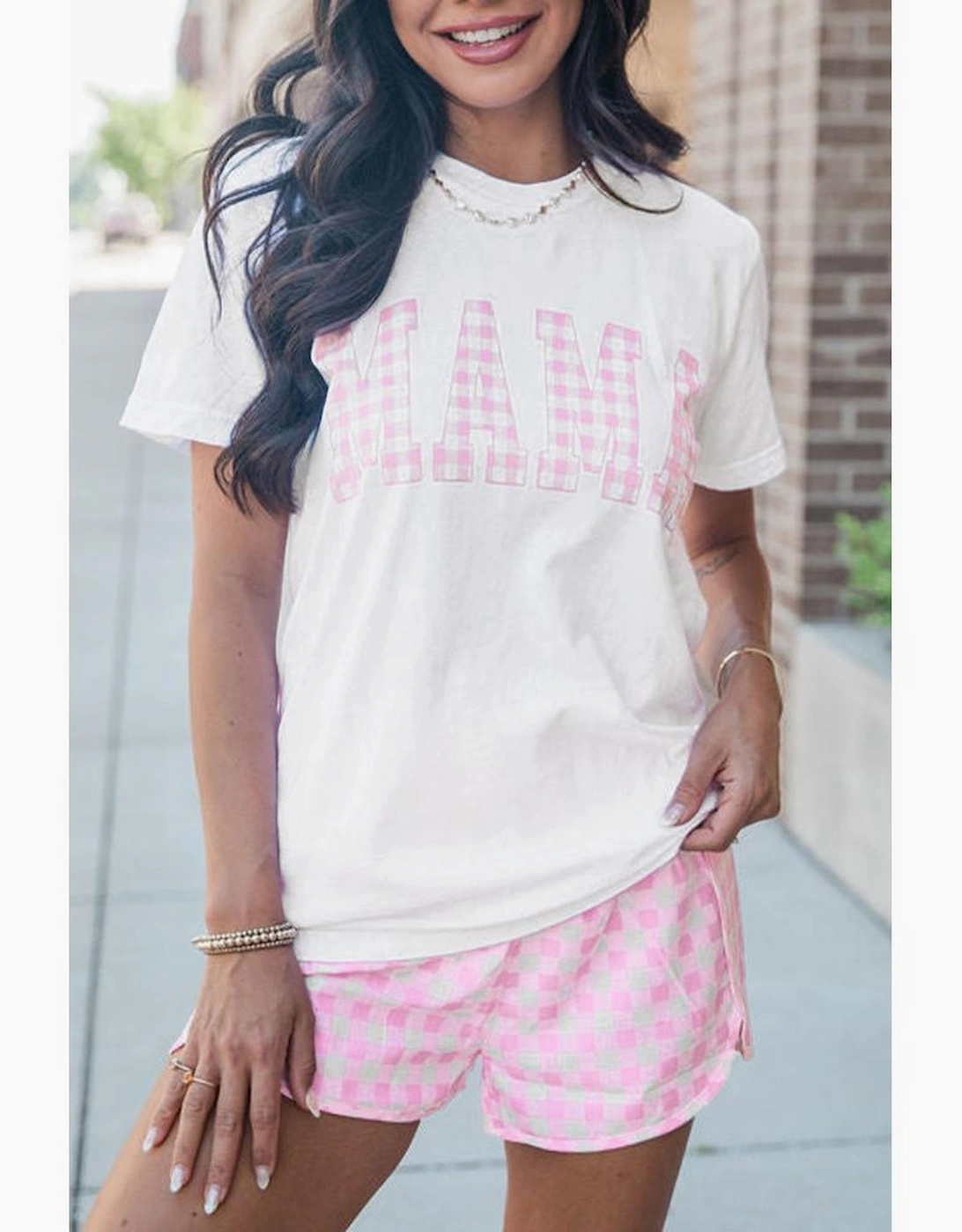 White MAMA Printed Tee and Plaid Shorts Lounge Set
