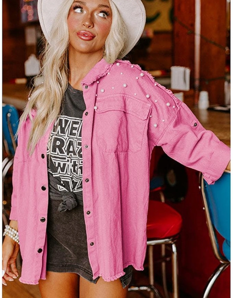 Bonbon Pearl Beaded Raw Hem Button Up Denim Jacket