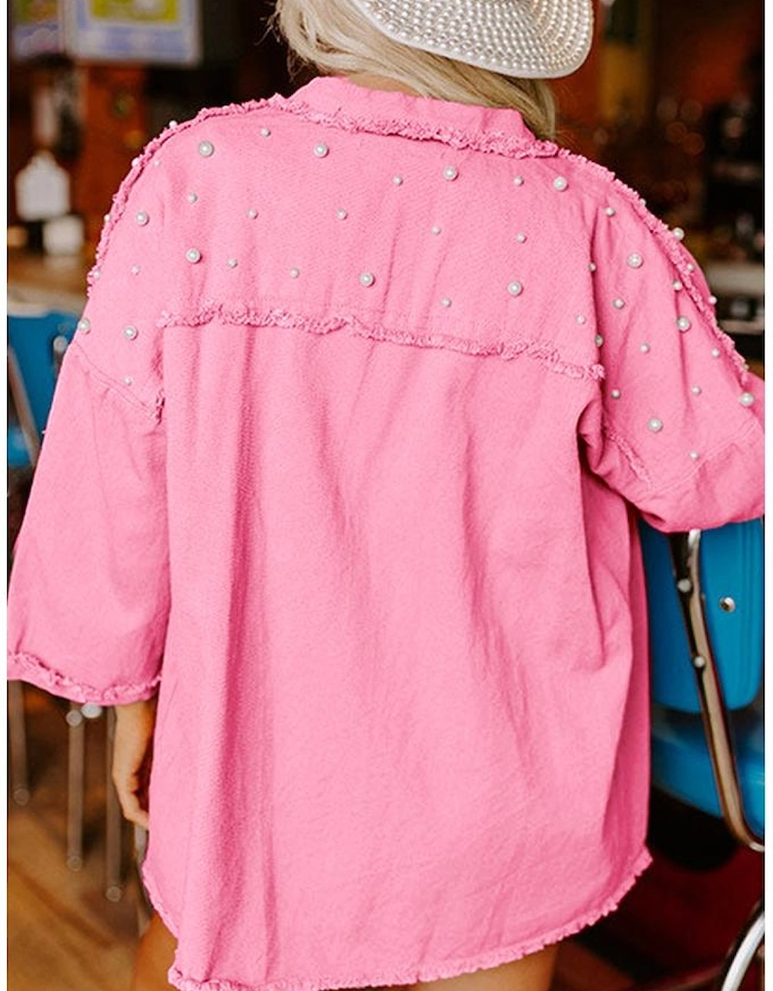 Bonbon Pearl Beaded Raw Hem Button Up Denim Jacket
