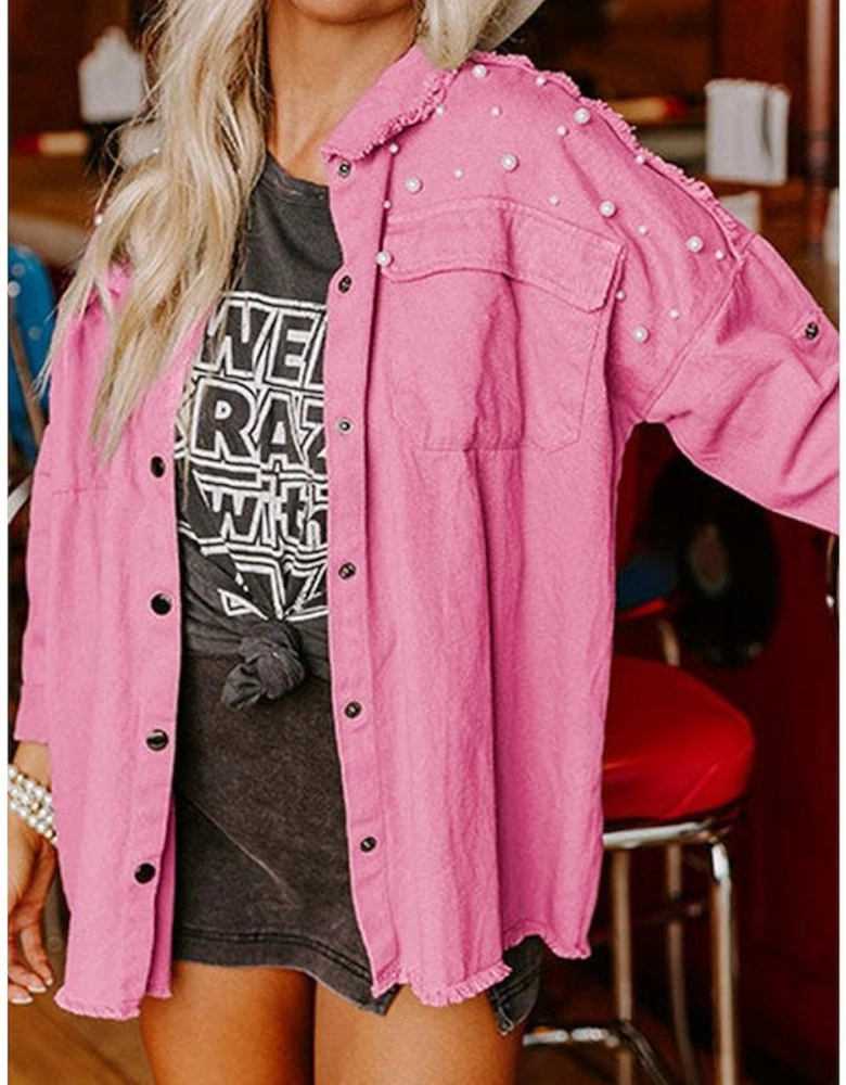 Bonbon Pearl Beaded Raw Hem Button Up Denim Jacket