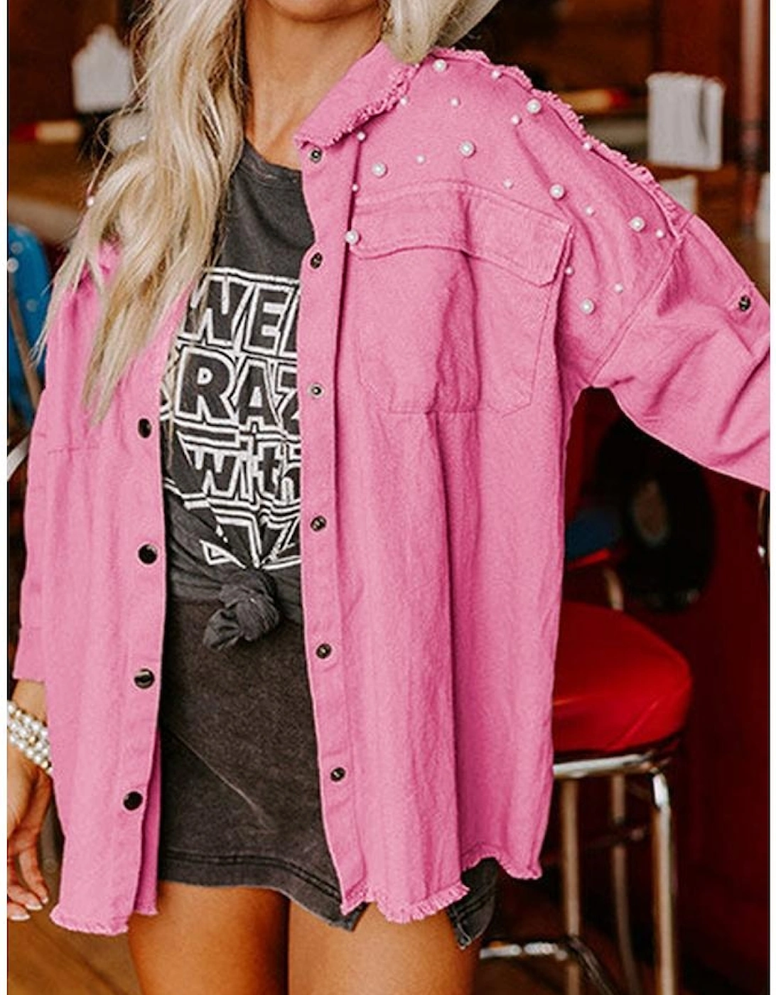 Bonbon Pearl Beaded Raw Hem Button Up Denim Jacket