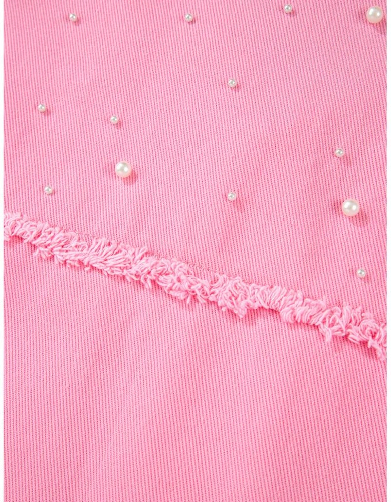 Bonbon Pearl Beaded Raw Hem Button Up Denim Jacket