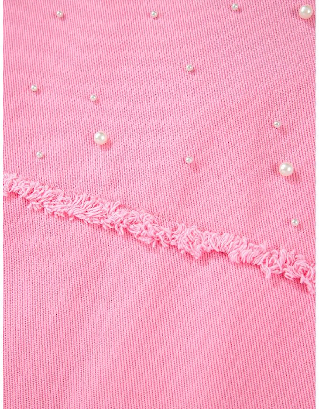 Bonbon Pearl Beaded Raw Hem Button Up Denim Jacket