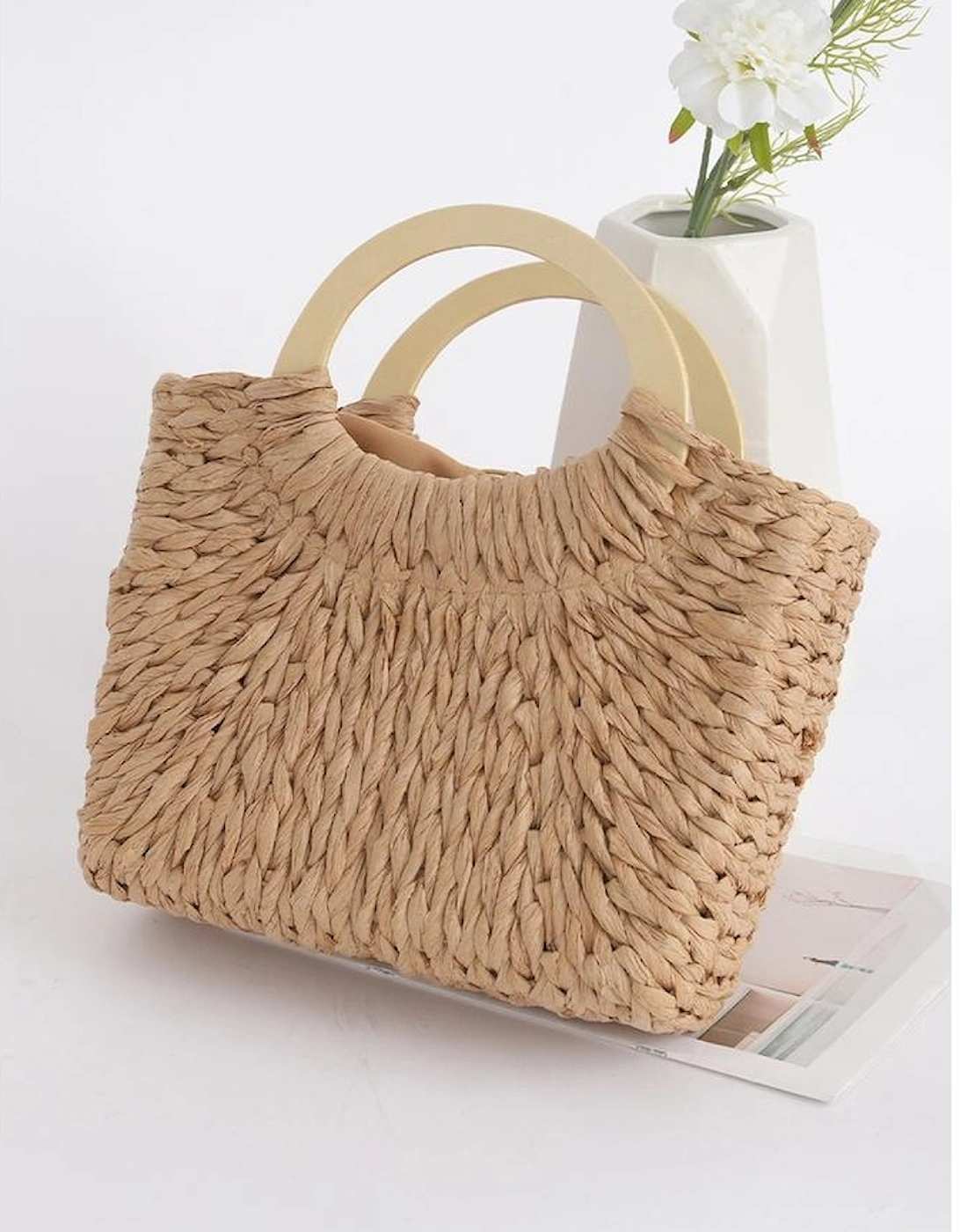 Camel Retro Straw Woven Handle Bag